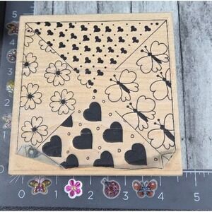 Limited Edition Heart Flowers Butterfly Background Design Rubber Stamp Wood #B11